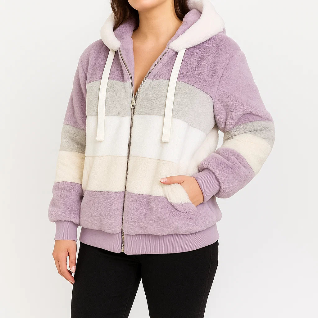 Damen Fleecejacke mit Kapuze – Gestreifte warme Winterjacke aus weichem Plüsch
