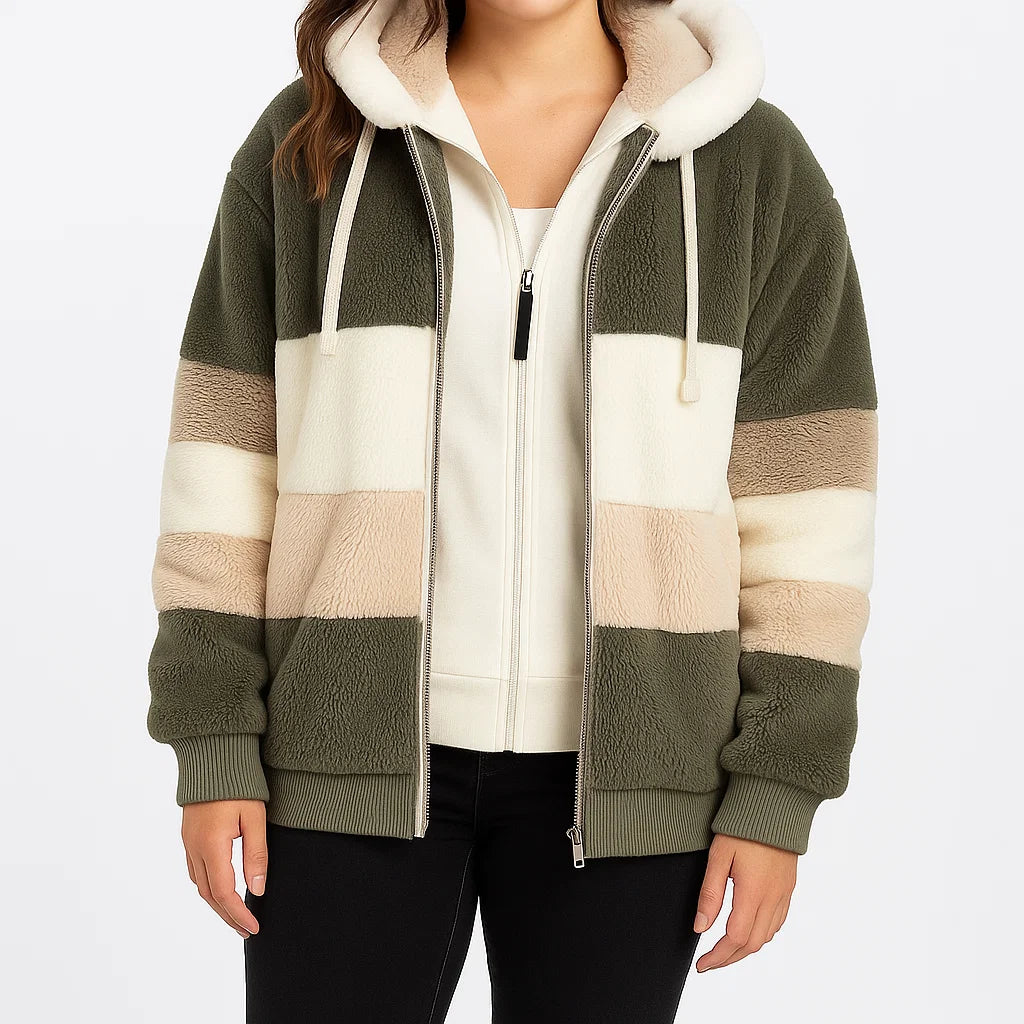 Damen Fleecejacke mit Kapuze – Gestreifte warme Winterjacke aus weichem Plüsch