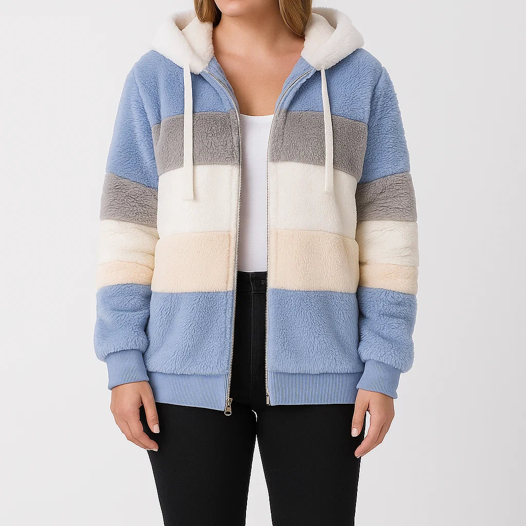Damen Fleecejacke mit Kapuze – Gestreifte warme Winterjacke aus weichem Plüsch