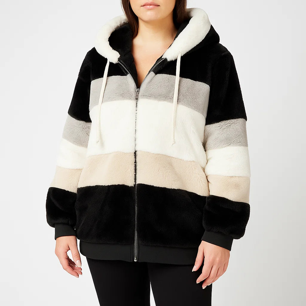 Damen Fleecejacke mit Kapuze – Gestreifte warme Winterjacke aus weichem Plüsch