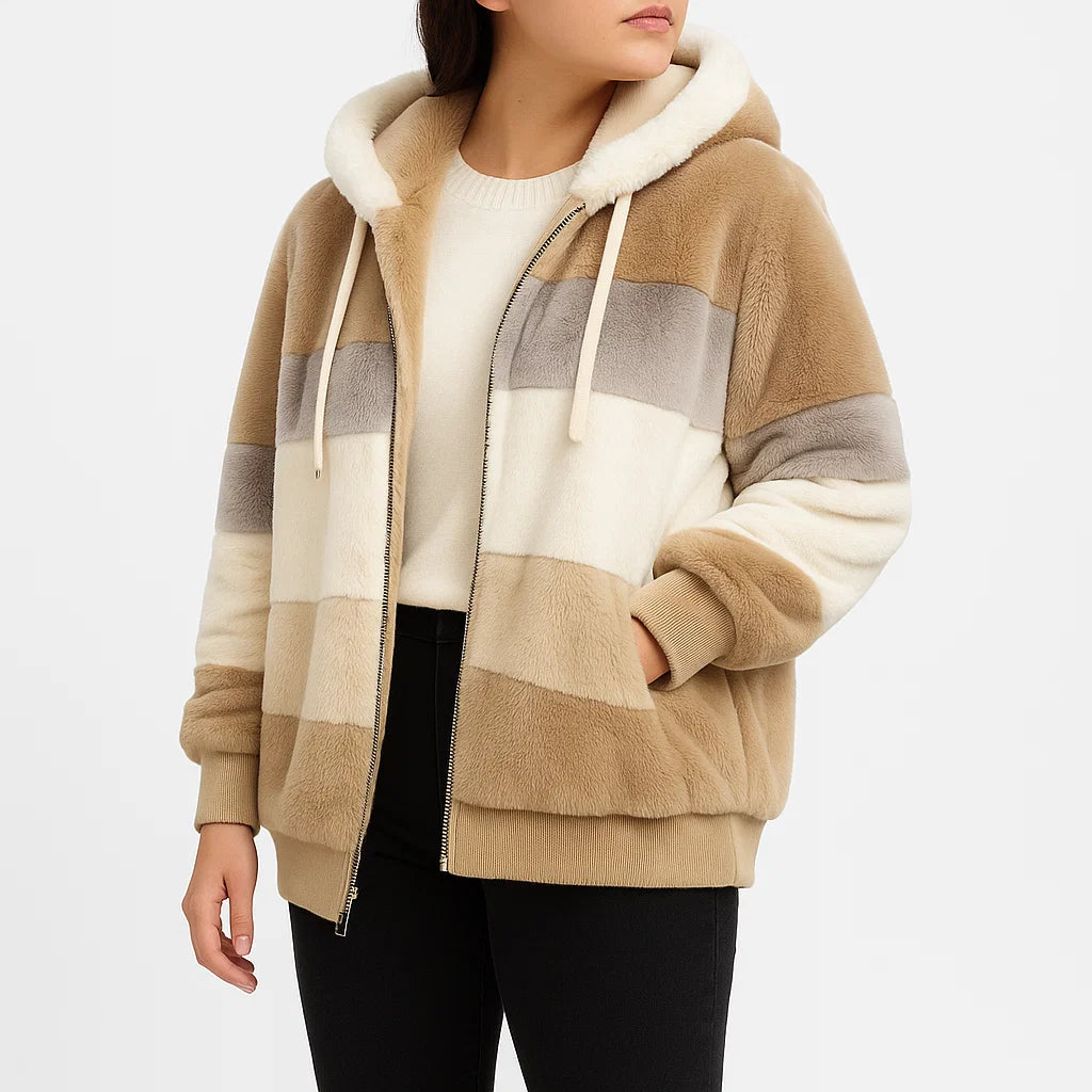 Damen Fleecejacke mit Kapuze – Gestreifte warme Winterjacke aus weichem Plüsch