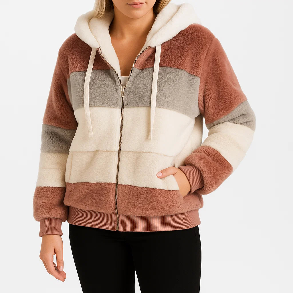 Damen Fleecejacke mit Kapuze – Gestreifte warme Winterjacke aus weichem Plüsch