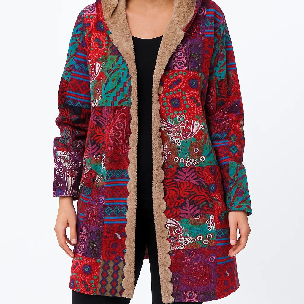 Damen-Mantel im Boho-Stil mit Kapuze – Bunter Wintermantel mit Fleece-Futter und Knopfleiste